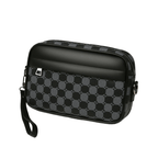 Black and gray checkered pouch with a strap on a light gray background