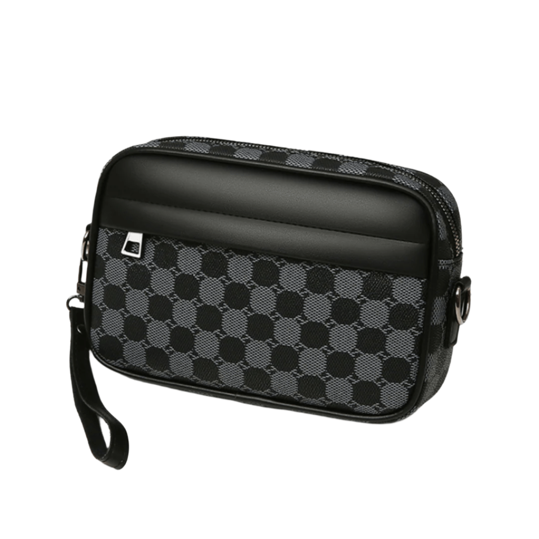 Black and gray checkered pouch with a strap on a light gray background